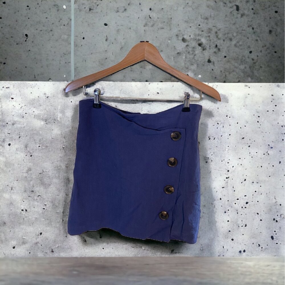 Fashion on Earth Womens Mini Skirt Large Blue Button-Front 90s Chic Rayon Linen